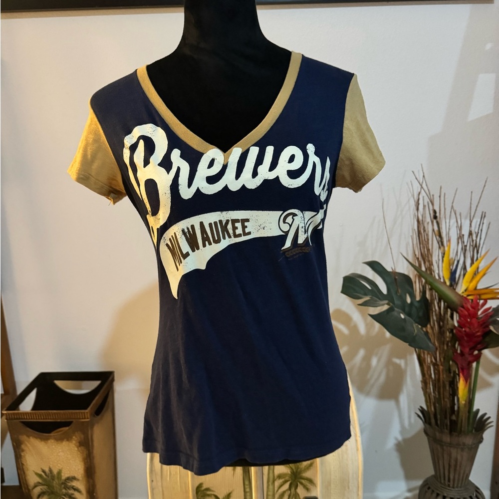 Women's G-III 4Her by Carl Banks Navy Milwaukee Brewers Key Move V-Neck T-Shirt